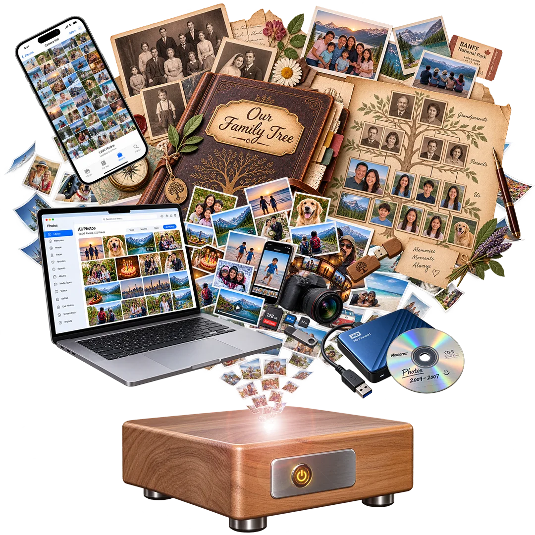 A lifetime of family memories — phone photos, albums, a family tree, old drives and discs — flowing down into a walnut Memories Lockbox
